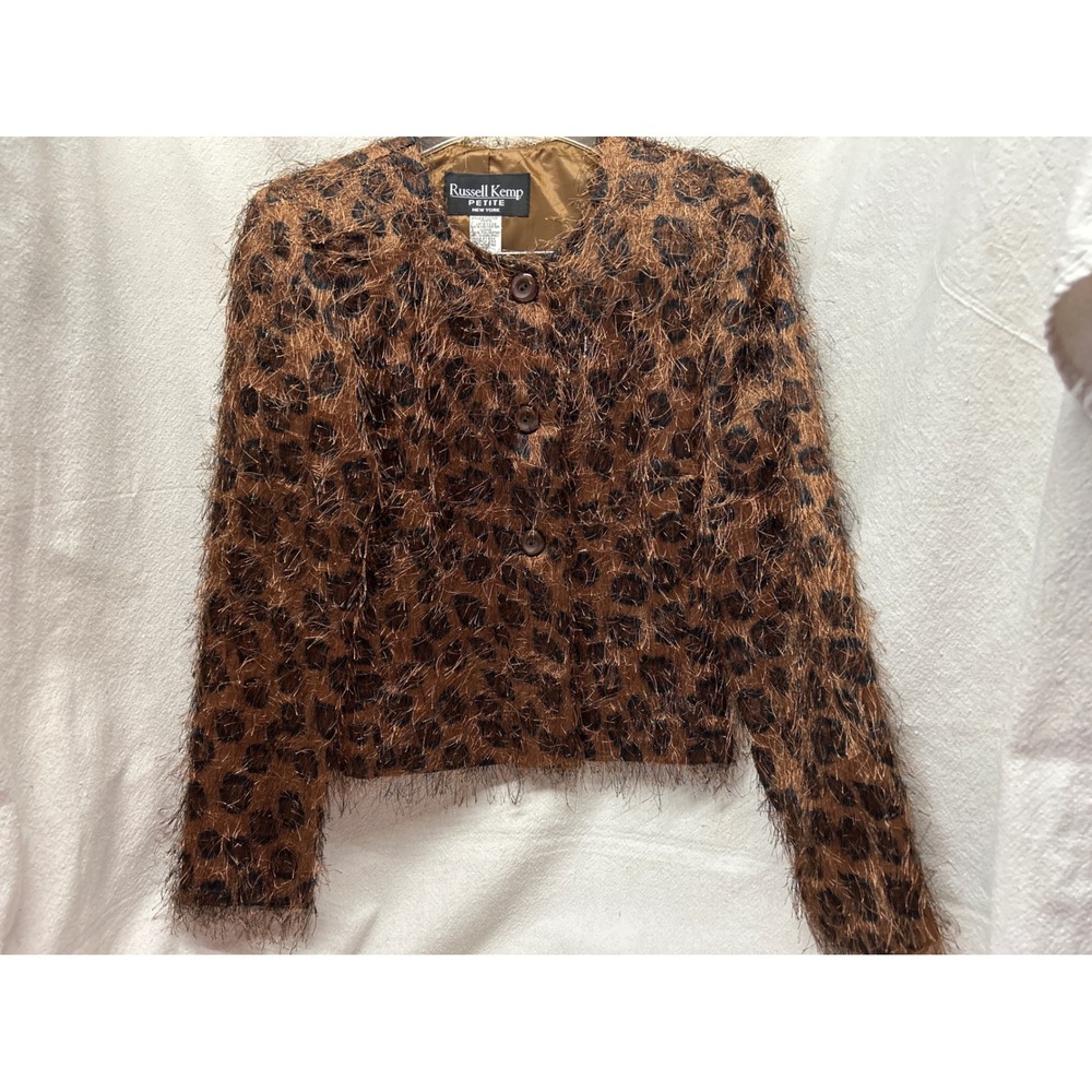 Russell Kemp Petite Vintage 90s Y2K Fluffy Leopard Jacket Glitter Brown Size 6